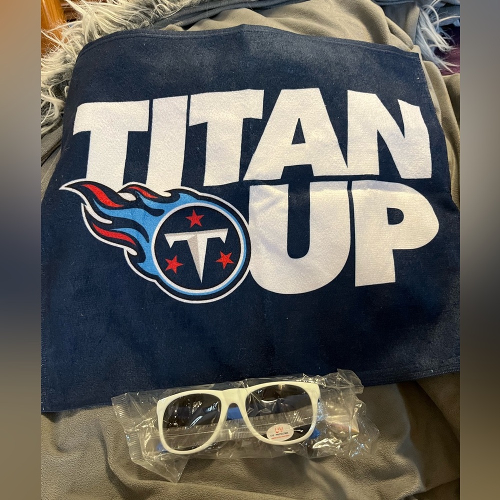 Blue and White Titans Sunglasses and NFL towel
